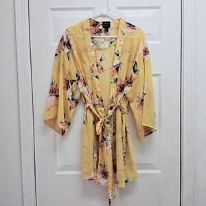 Forever 21 Yellow Floral Sheer Chiffon Kimono Top Boho Size L Festival Beach
